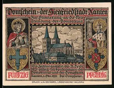 Notgeld Xanten 1921, 50 Pfennig, Zur Erinnerung an die Neugründung des Domvereins, Dom, Wappen, Siegfrieds Tod