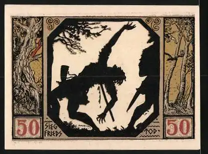 Notgeld Xanten 1921, 50 Pfennig, Zur Erinnerung an die Neugründung des Domvereins, Dom, Wappen, Siegfrieds Tod