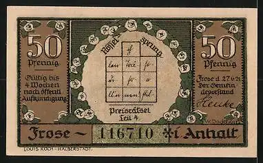 Notgeld Frose i. Anhalt 1921, 50 Pfennig, Uferpartie, Fischer, Schilf