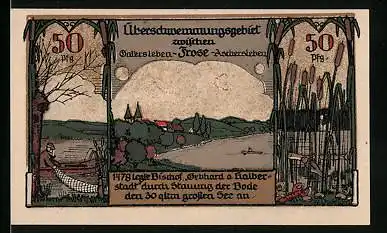 Notgeld Frose i. Anhalt 1921, 50 Pfennig, Uferpartie, Fischer, Schilf
