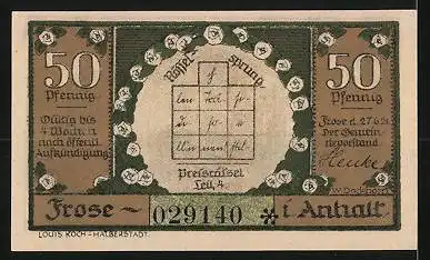 Notgeld Frose i. Anhalt 1921, 50 Pfennig, Uferpartie, Fischer, Schilf