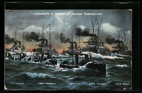 AK Linienschiffe im Manöver mit Hochsee-Torpedobooten, SMS Blücher, Rheinland