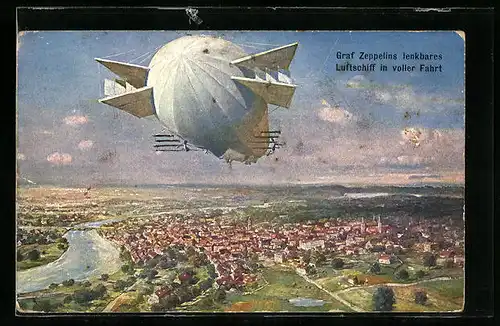 Künstler-AK Graf Zeppelins lenkbares Luftschiff in voller Fahrt