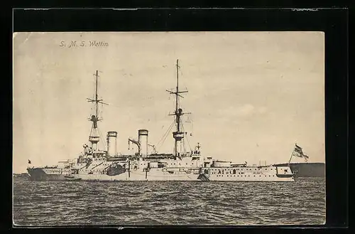 AK Kriegsschiff SMS Wettin vor Küste