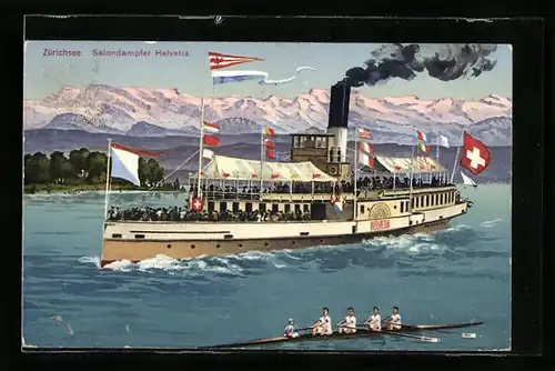 Künstler-AK Salondampfer Helvetia mit Flaggengala auf dem Zürichsee, Ruderboot