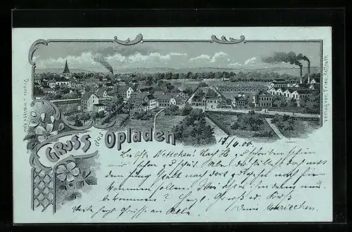 Mondschein-Lithographie Opladen, Ortsansicht aus der Vogelschau