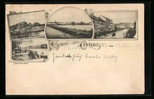 Vorläufer-AK Coblenz, 1892, Ortspartie mit Gewässer, Strassenpartie