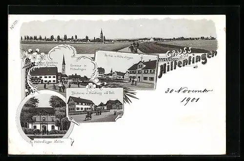 Lithographie Hiltenfingen, Gasthaus z. Traube, Bäckerei u. Handlung v. G. Doll