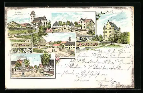 Lithographie Hurlach, Kirche mit Pfarrhof, Schloss