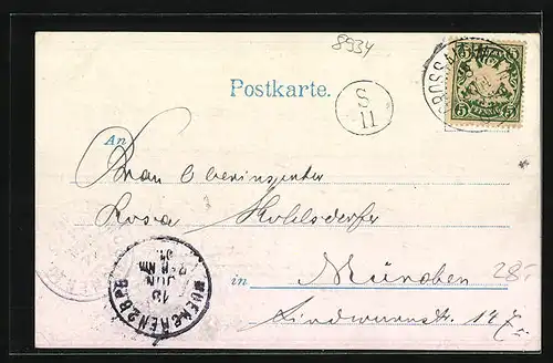 Lithographie Grossaitingen, Schule, Kirche, Pfarrhaus