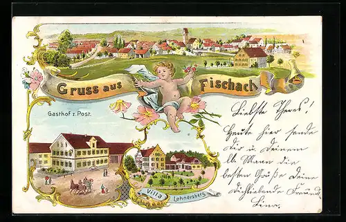 Lithographie Fischach, Gathof z. Post, Villa Lehnersberg