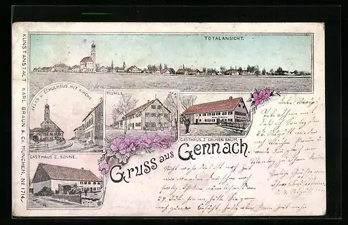 AK Gennach, Gasthaus z. Sonne, Mühle, Gasthaus z. grünen Baum