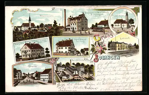 Lithographie Bobingen, Pfarrkirche, Kunstmühle, Bahnhof