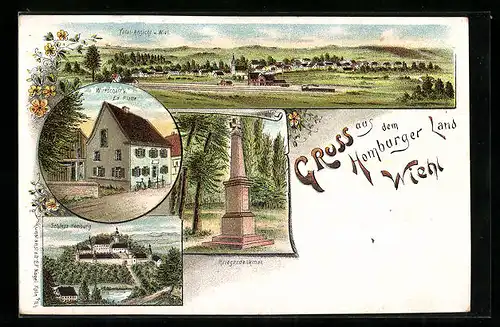 Lithographie Wiehl, Gasthaus Wirtschaft v. Ed. Platte, Schoss, Kriegerdenkmal