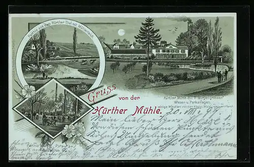 Mondschein-Lithographie Hürth, Gasthaus Hürther Mühle, Mühlenteich