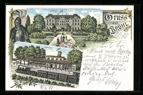 Lithographie Brühl, Bahnhof, Königl. Schloss