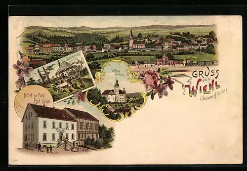 Lithographie Wiehl, Hotel zur Post, Schloss Homburg