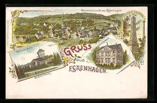Lithographie Eckenhagen, Blockhaus, Bürgermeisteramt, Krieger-Denkmal