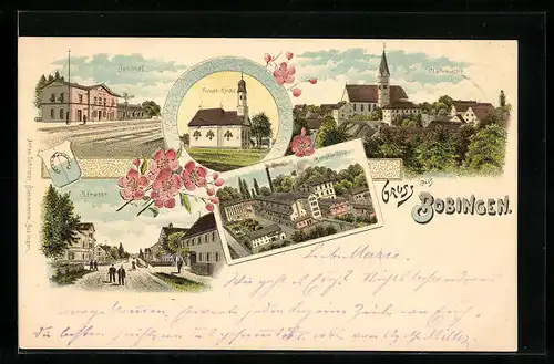 Lithographie Bobingen, Bahnhof, Frauen-Kirche, Kunstmühle