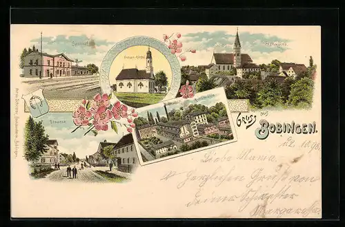 Lithographie Bobingen, Kunstmühle, Frauen-Kirche, Bahnhof