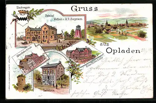 Lithographie Opladen, Bahnhof, Wirthsch. v. W. R. Bergmann, Stadtwappen