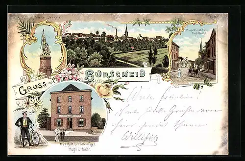 Lithographie Burscheid, Gasthof zur alten Post von Hugo Urbahn, Krieger-Denkmal