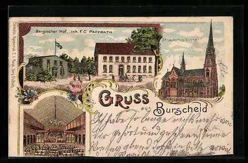 Lithographie Burscheid, Gasthaus Bergischer Hof, St. Laurentius-Kirche