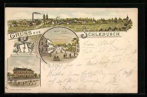 Lithographie Schlebusch, Katholische Schule, Ansicht auf die Dhünbrücke