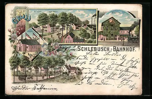Lithographie Schlebusch, Ev. Schule, Kath. Schule, Bahnhof