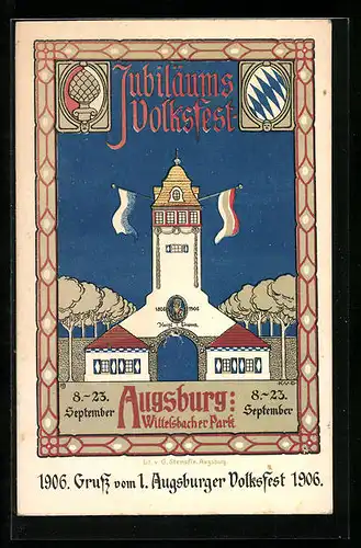 AK Augsburg, 1. Augsburger Volksfest 1906, Haupt-Eingang