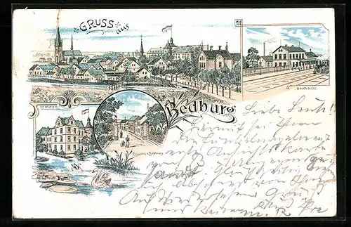 Lithographie Bedburg, Bahnhof, Schloss, Strassenpartie