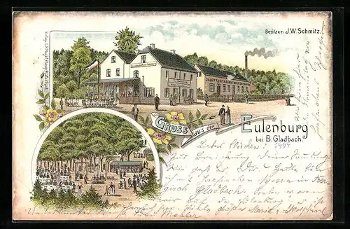 Lithographie Bergisch Gladbach, Gasthaus Eulenburg von J. W. Schmitz