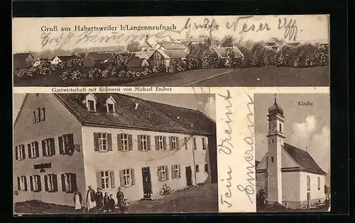 AK Habertsweiler b. Langenneufnach, Gasthaus mit Krämerei von Michael Endres, Kirche, Totalansicht