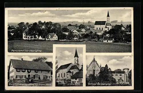 AK Oberigling, Kolonialwarenhandlung von Simon Merk, Schloss, Kirche