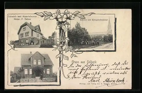 AK Sülbeck, Kolonialwarenhandlung Heinr. F. Dehne, Kirche mit Kriegerdenkmal, Gebäudeansicht