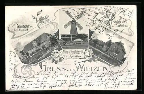 AK Wietzen, Gasthaus von Georg Mühlenfeld, Mühle und Dampfsägerei von Fritz Schäfer, Schule und Küsterhaus