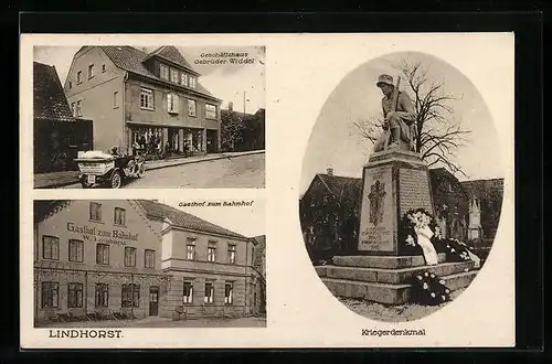 AK Lindhorst, Gasthof zum Bahnhof, Geschäftshaus Gebrüder Widdel, Kriegerdenkmal