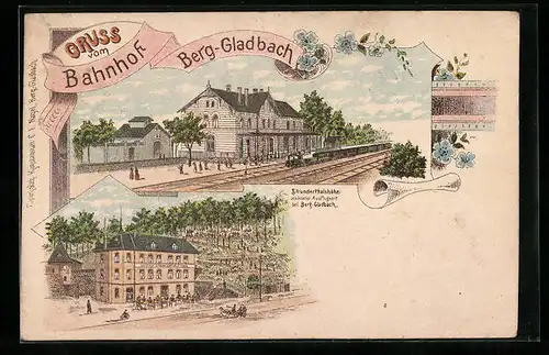 Lithographie Berg-Gladbach, Gasthof Strunderthal`s Höhe, Bahnhof