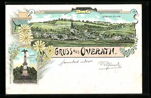 Lithographie Overath, Teilansicht, Kriegerdenkmal