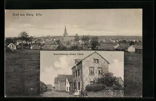 AK Sistig /Eifel, Geschäftshaus Albert Völler, Teilansicht mit Kirche