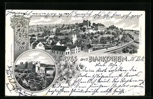 Lithographie Blankenheim, Teilansicht mit Strassenpartie, Ruine
