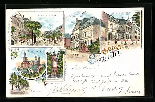 Lithographie Bergheim, Hotel Weidenbach, Ständehaus, Katholische Kirche