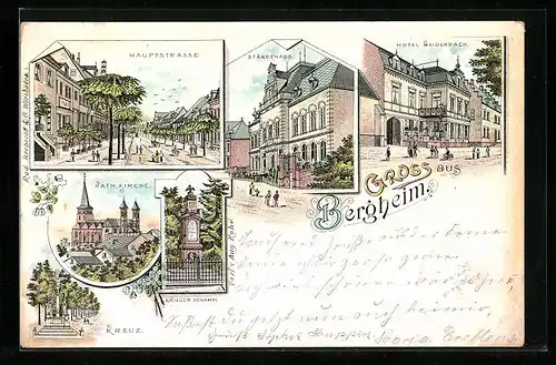 Lithographie Bergheim, Hotel Weidenbach, Ständehaus, Katholische Kirche