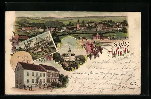 Lithographie Wiehl, Hotel zur Post Emil Geissler, Pavillon, Schloss Homburg