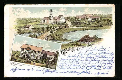Lithographie Burgwalden, Uferpartie mit Kirche, Ortspartie