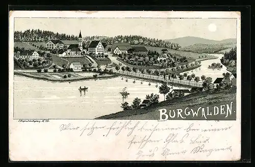 Lithographie Burgwalden, Uferpartie mit Brücke