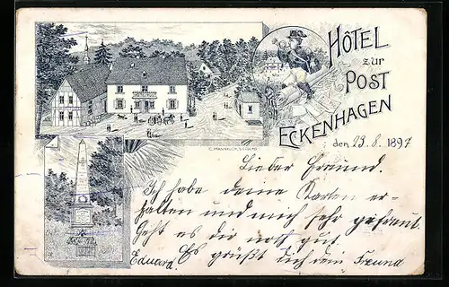 Lithographie Eckenhagen, Hotel zur Post, Denkmal, Ortspartie