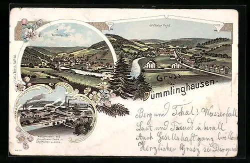 Lithographie Dümmlinghausen, Wollspinnerei und Strumpfwaren-Fabrik von Chr. Müller u. Sohn, Ansicht südlicher Teil