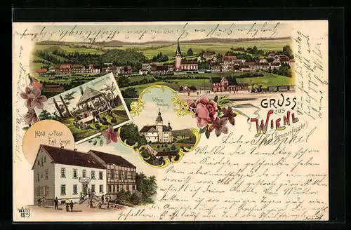 Lithographie Wiehl, Hotel zur Post Emil Geisseler, Pavillon, Schloss Homburg