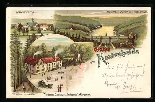 Lithographie Marienheide, Wirth`sches Gasthaus zur Thalsperre mit Kurgarten, Alte Klosterkirche